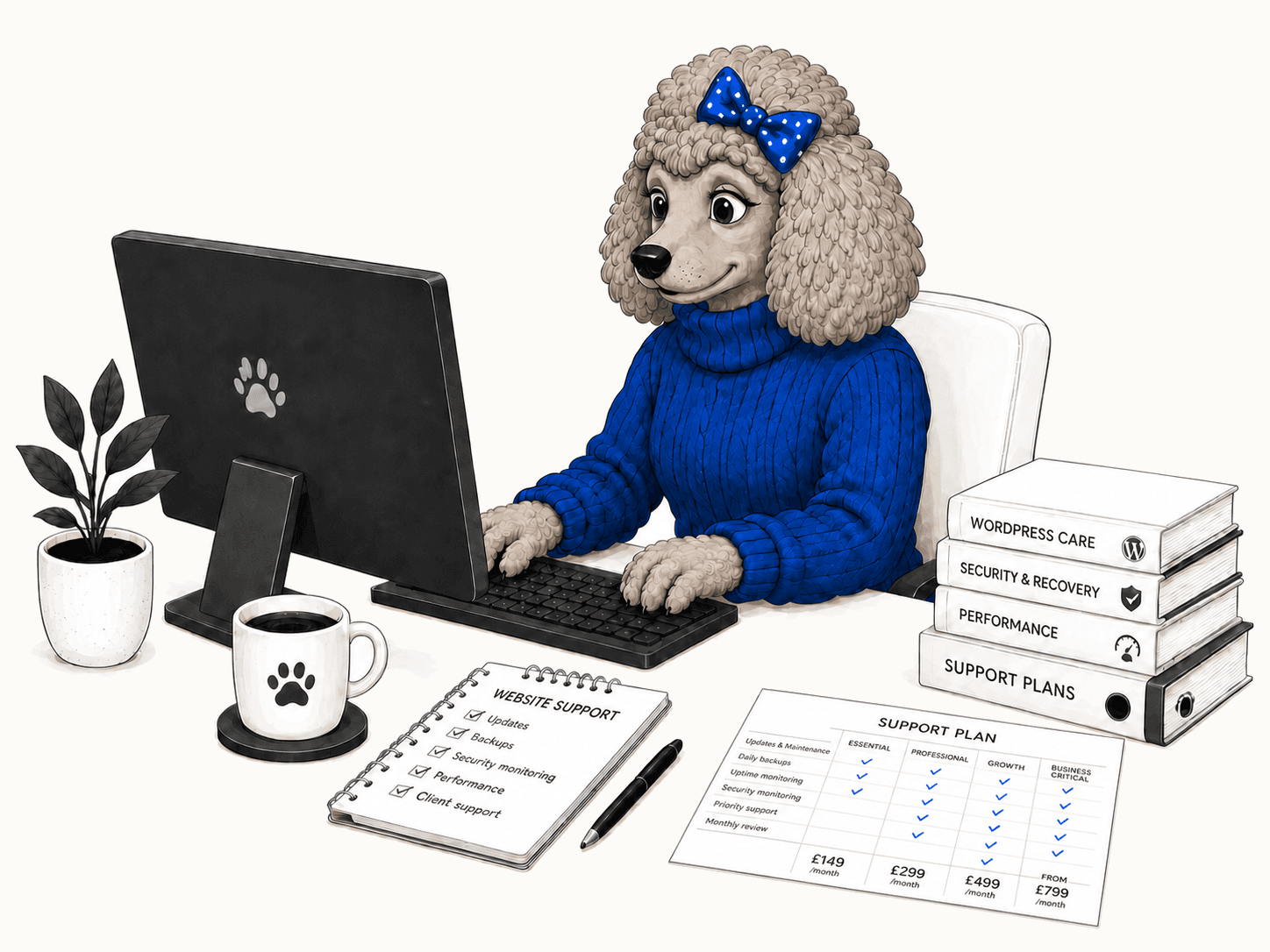 Poodle developer managing WordPress updates, backups, security and support plans