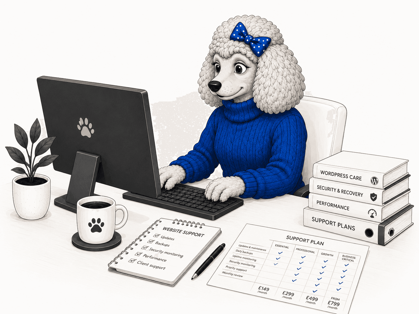 Poodle developer managing WordPress updates, backups, security and support plans