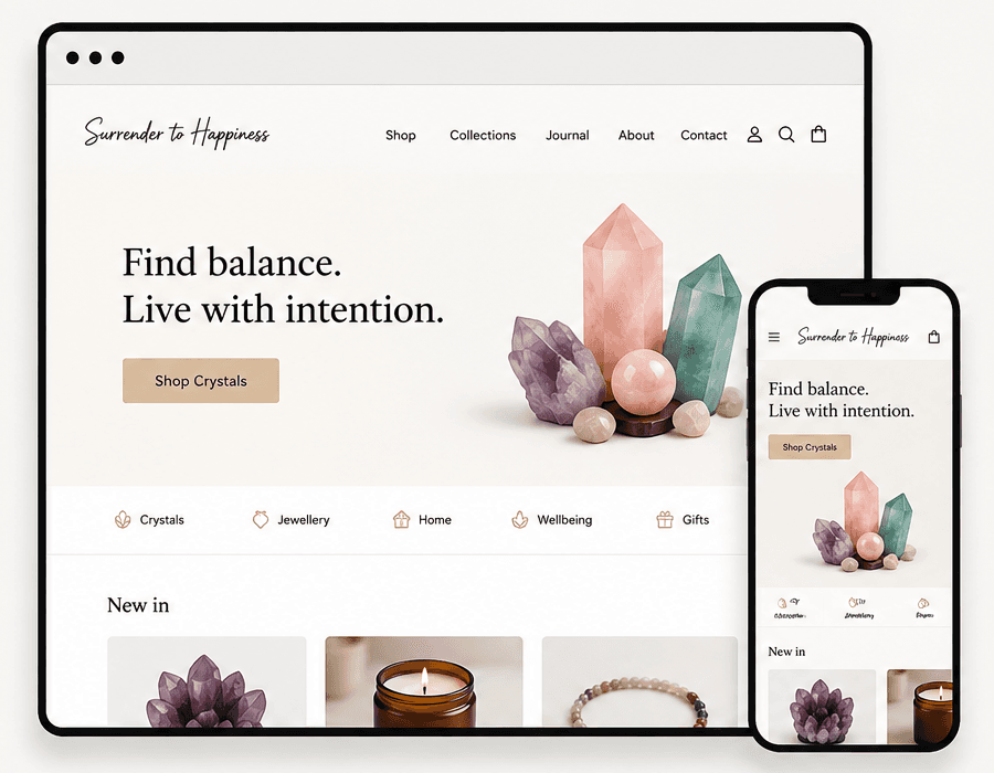Surrender to Happiness ecommerce website shown on desktop and mobile