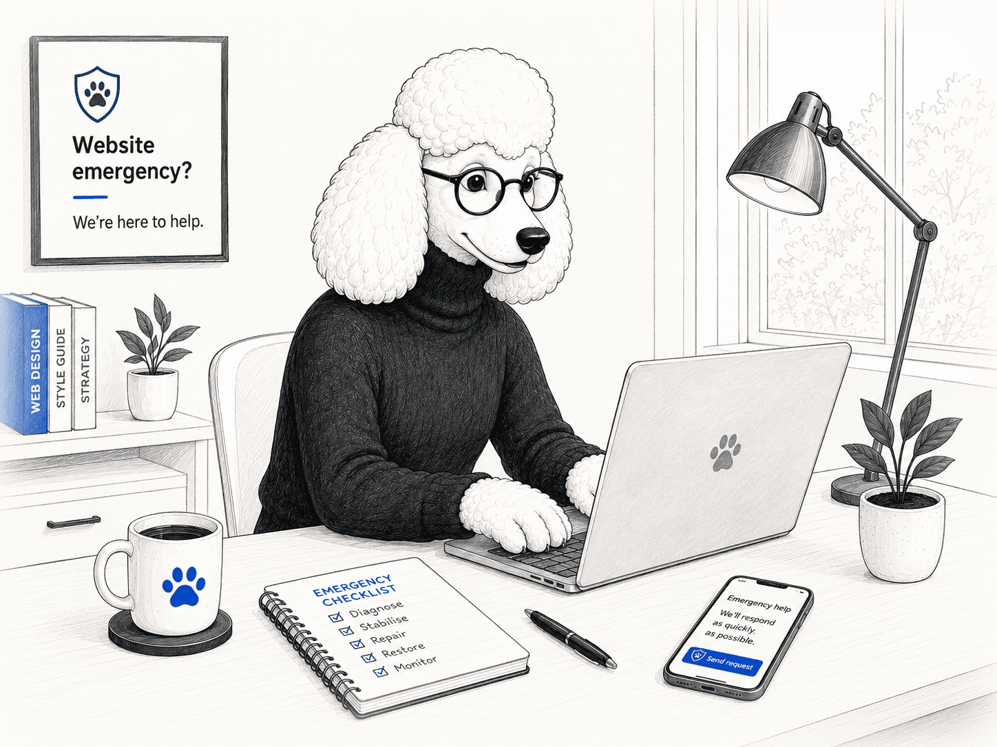 A poodle developer working through an emergency website support checklist