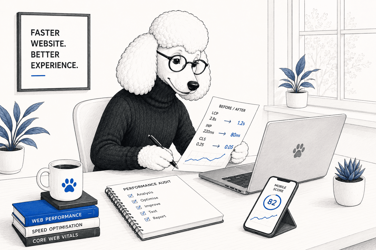 A poodle developer reviewing website performance at a desk